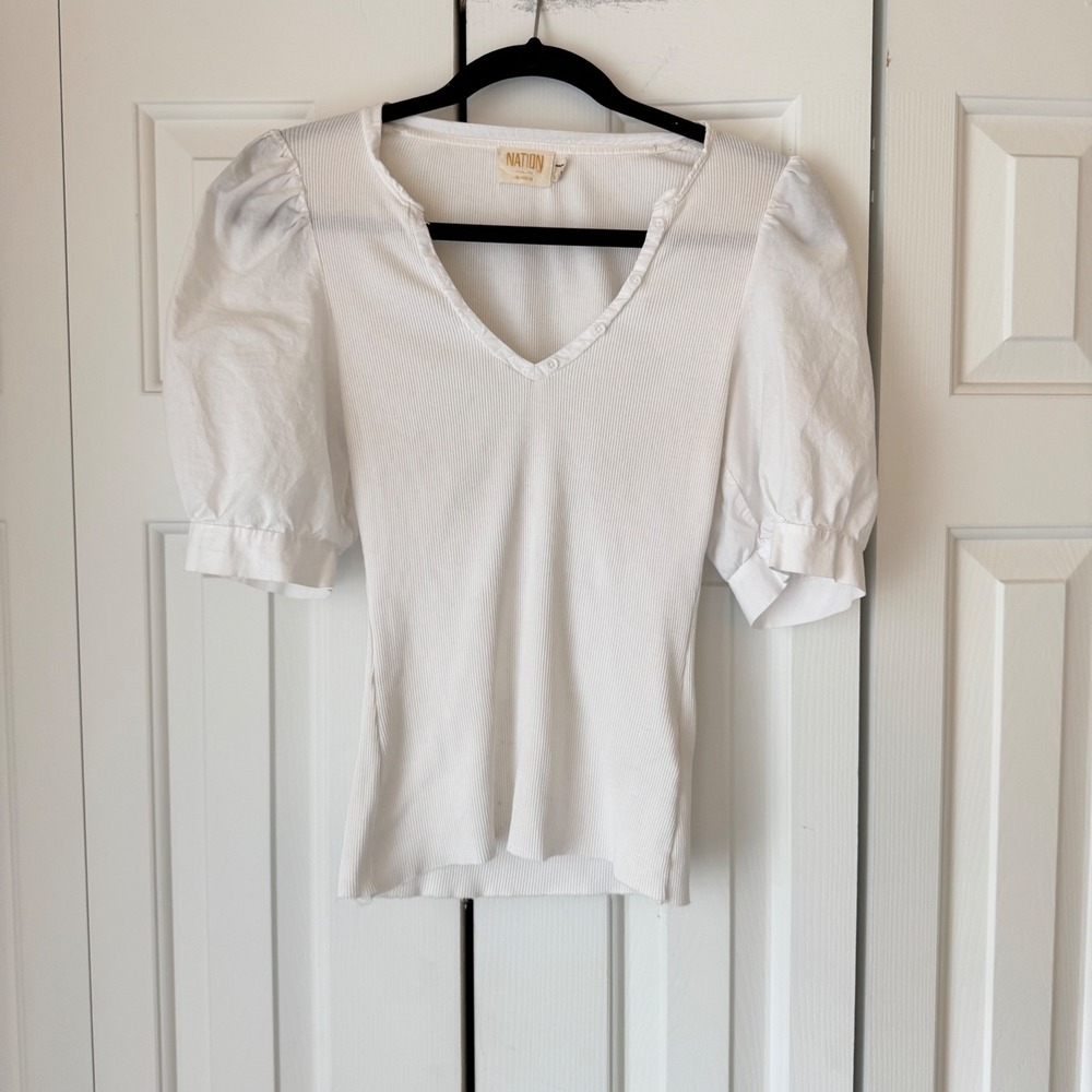 Nation LTD White Ribbed Puff Sleeve Henley V-Neck Top Size S